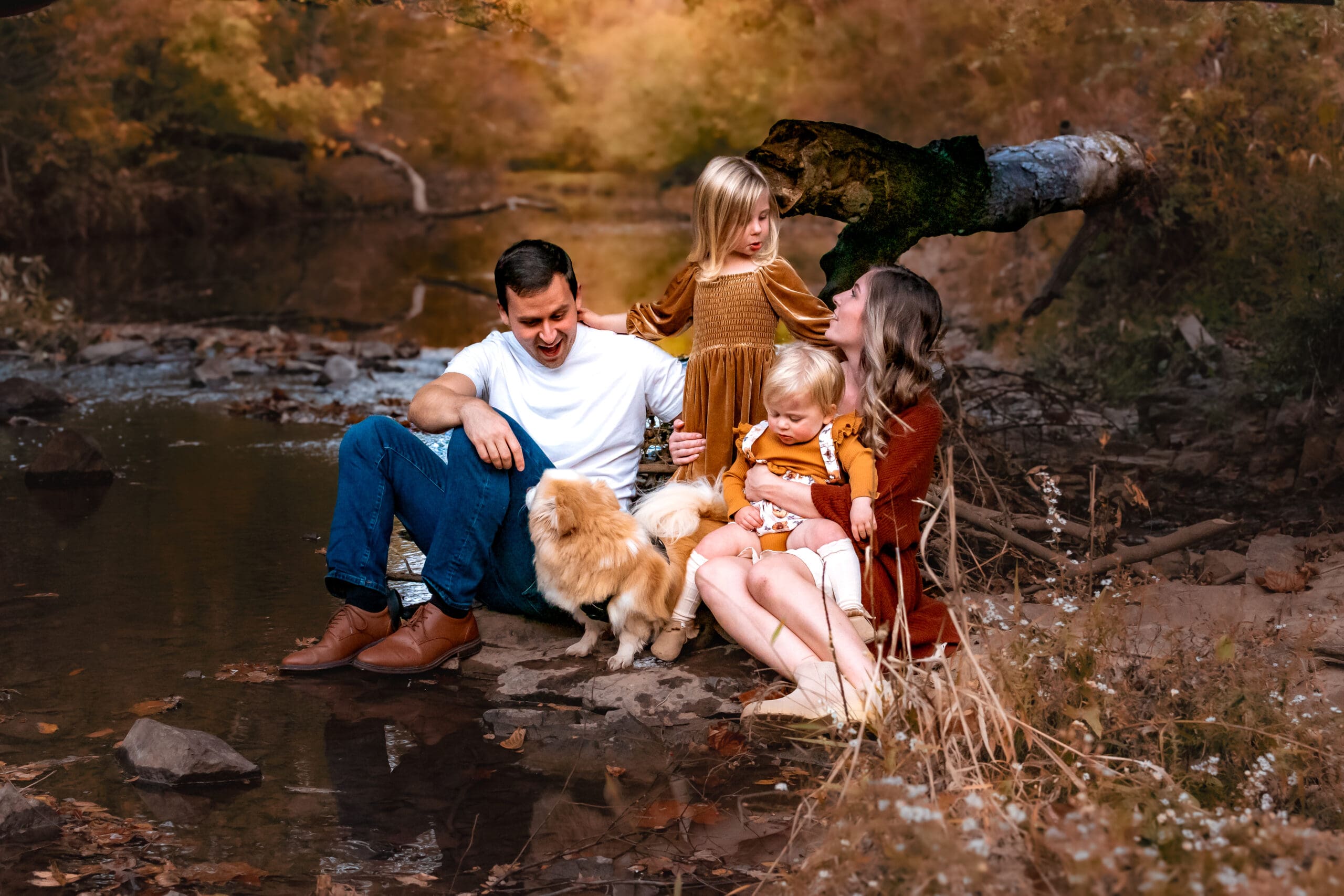 A family is sitting on rocks on the edge of a creek with golden trees in the background and soft water around them. Mom, dad, a young girl, a toddler girl, and a small tan dog are all looking at each other and smiling.